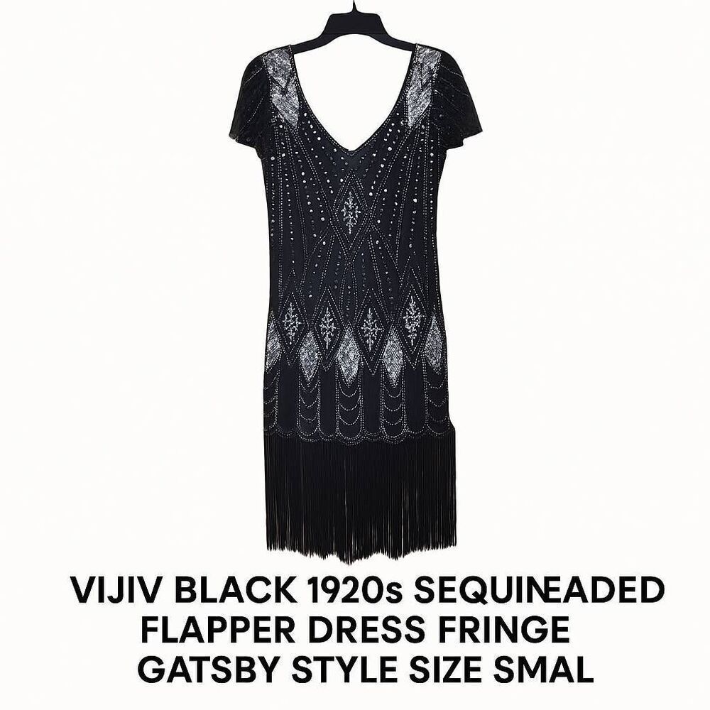 Vijiv Black 1920s Sequin Beaded Flapper Dress Fringe Gatsby Style Size Small